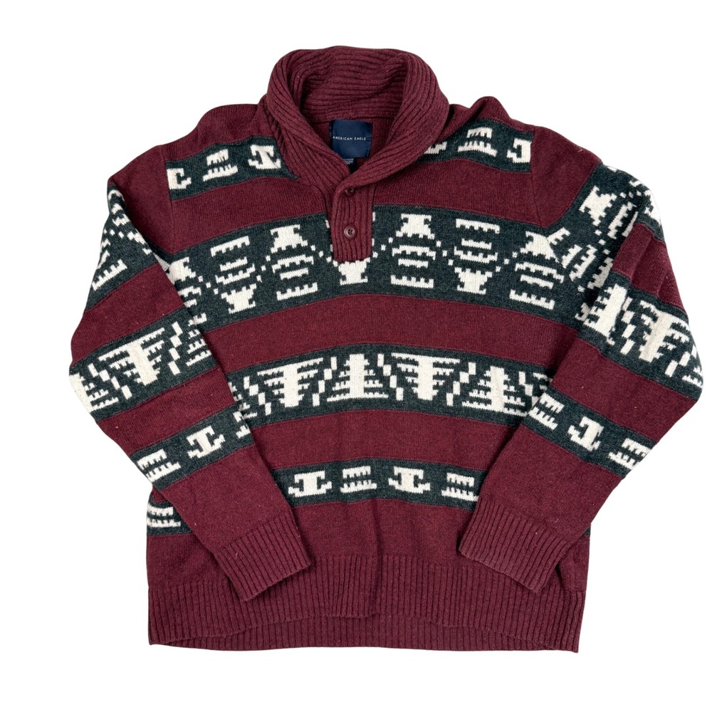American Eagle Mens XXL Shawl Collar Sweater Burgundy Fair Isle Geometric Knit